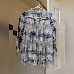 Milove White Gray Plaid Patchwork 99% Cotton Button-Up Shirt Blouse Size M